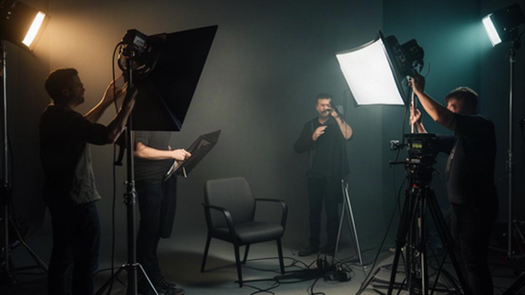 Lighting crew preparing a controlled interview set for a communications project in a darkened studio