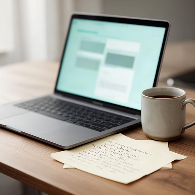 Laptop displaying a document review beside a mug and handwritten production notes