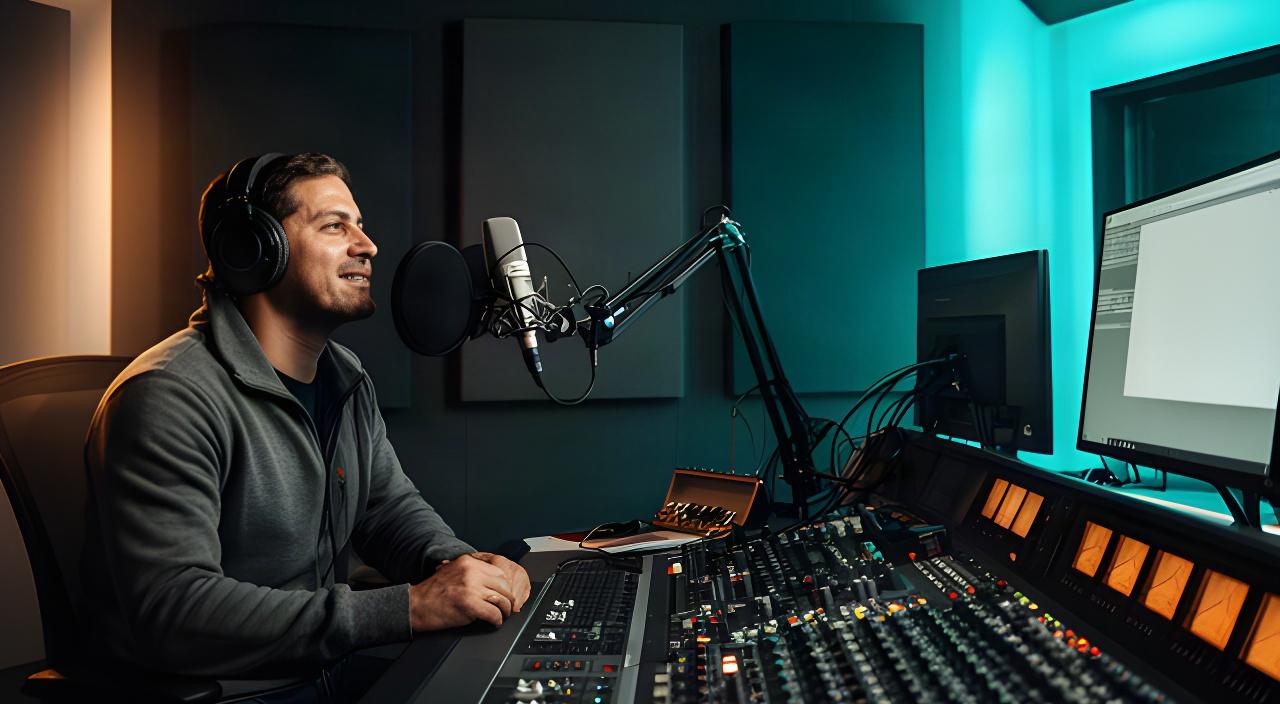 Presenter recording a radio campaign beside a mixing desk in a professional broadcast studio