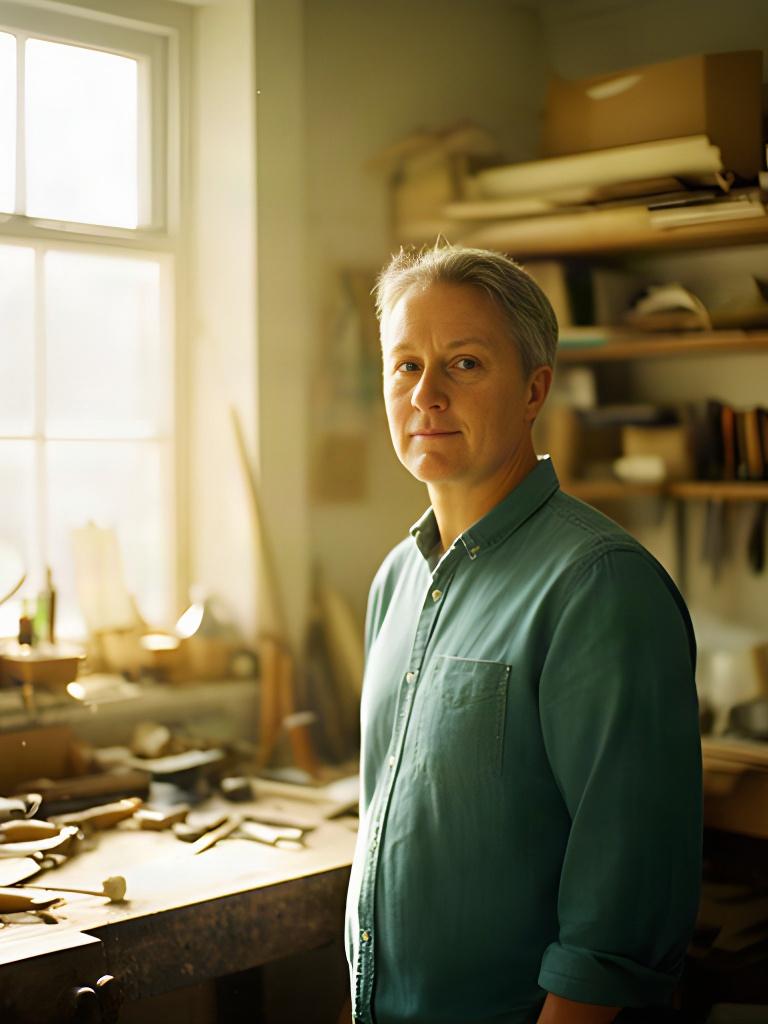 Editorial portrait of a local business owner in a sunlit Swansea workshop