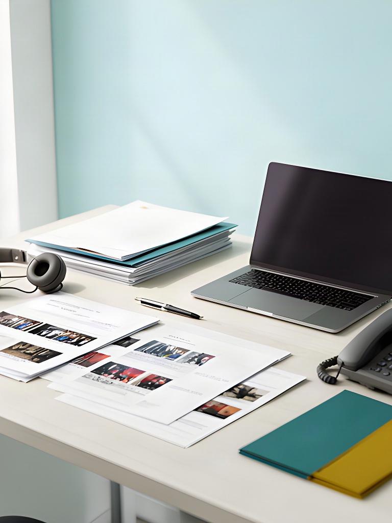 Media relations desk with press briefings, contact sheets, and a laptop in a bright office