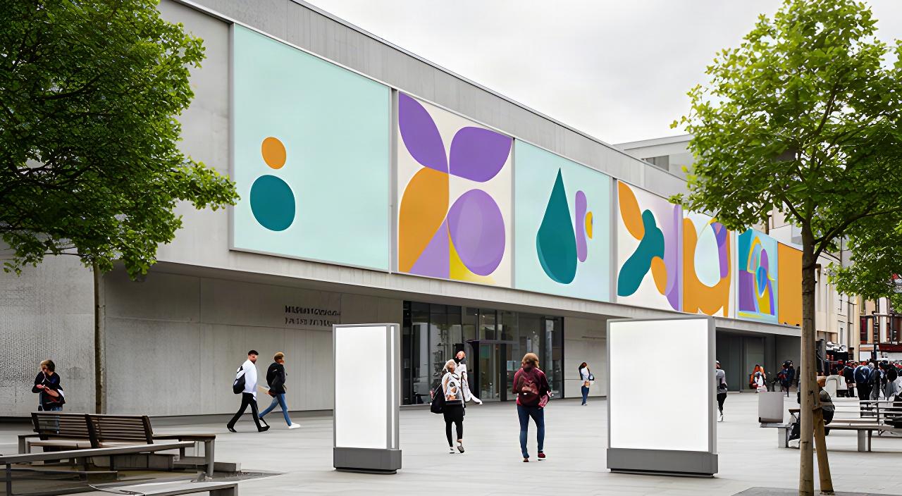 Outdoor cultural campaign panels installed outside a modern museum in a Welsh city centre