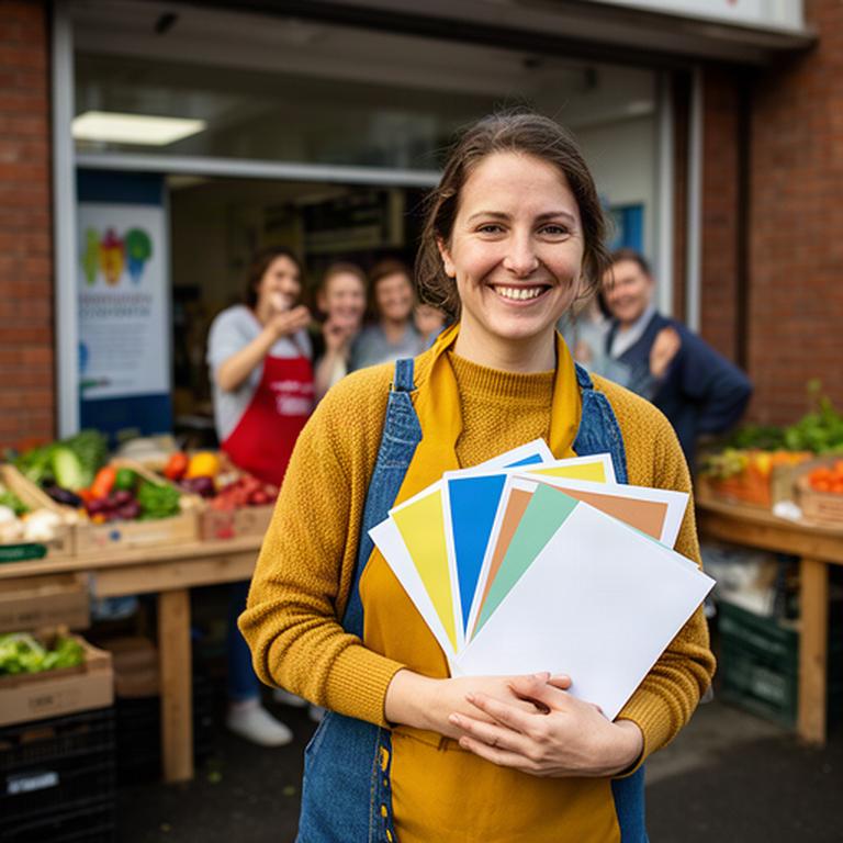 Charity volunteer holding campaign materials outside a community food project in South Wales