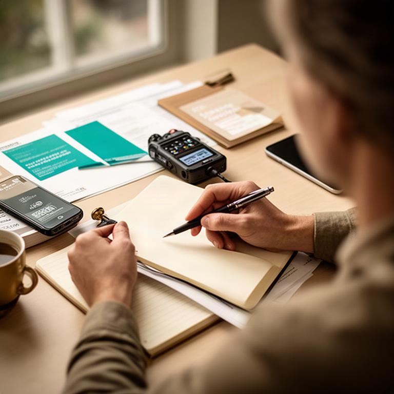 Journalist taking notes during an interview beside a recording notebook and press contacts