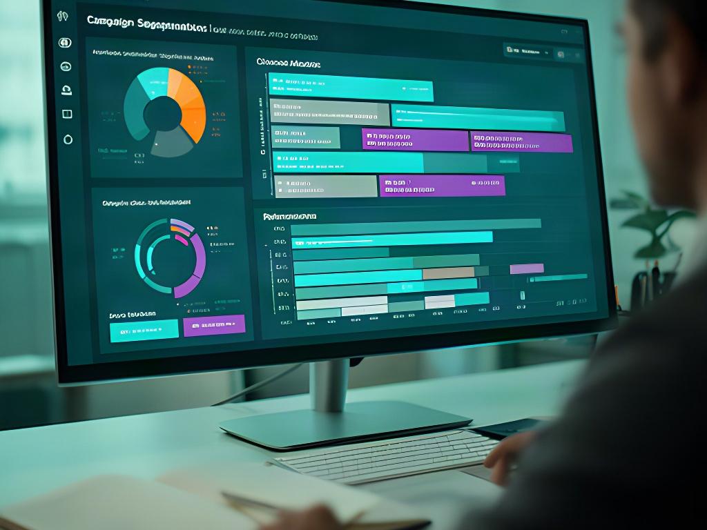 Media planning dashboard displaying audience segments, channel placements, and campaign performance charts