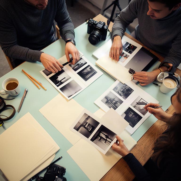 Small communications team reviewing press photography contact sheets around a studio table